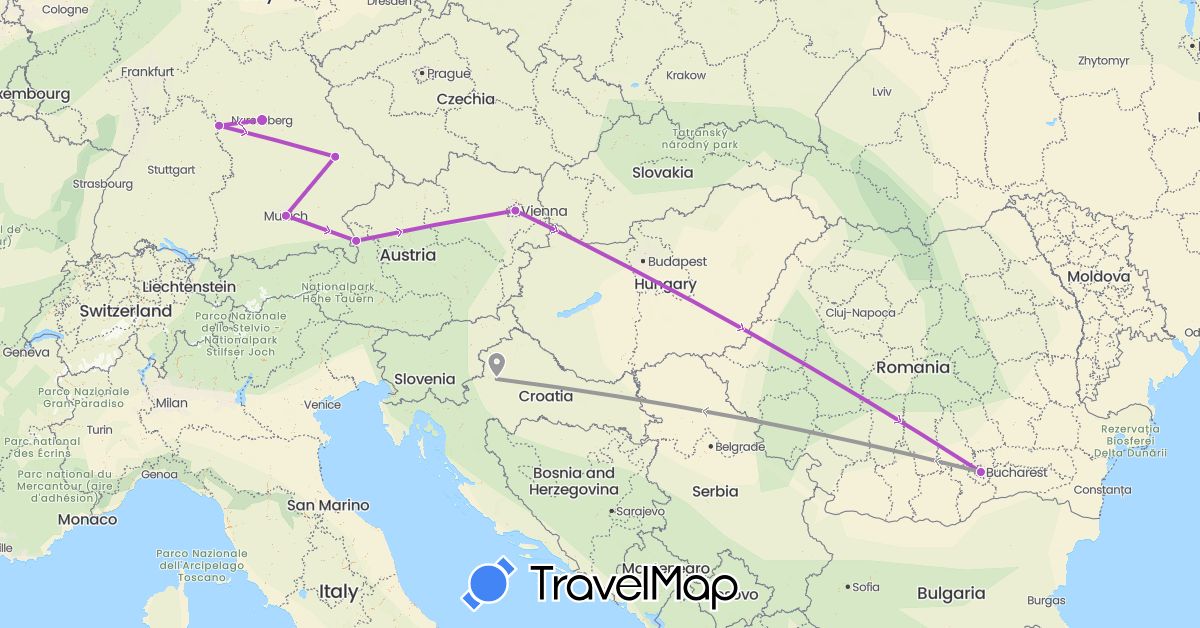 TravelMap itinerary: driving, plane, train in Austria, Germany, Croatia, Romania (Europe)